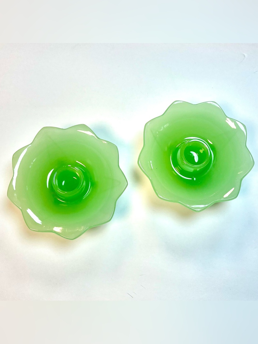2 Fenton Jadeite Jade footed Lotus Candlestick Holders 1930s Vintage
